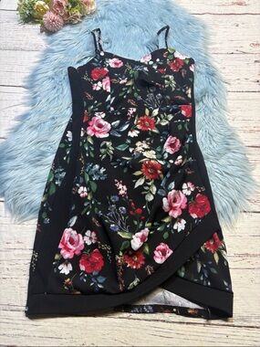Almost Famous Black Dress with Pink, Red and Green Floral Accents sz L